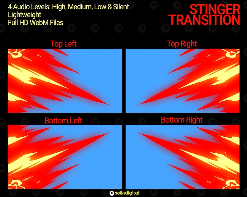 May include: Four different animated transitions with a red and yellow flame effect on a blue background. The text "STINGER TRANSITION" is at the top of the image.