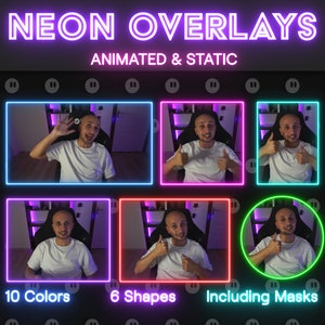 May include: A collection of neon overlays for video streaming, featuring 10 colors and 6 shapes, including animated and static options. The overlays are shown in different colors and shapes around a person's face.