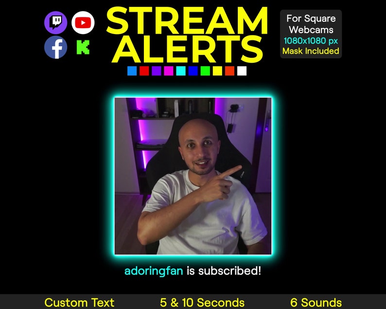 K&ouml;nnte beinhalten: Eine farbenfrohe animierte Alert-Grafik f&uuml;r Twitch, YouTube und Facebook. Die Grafik zeigt eine Person in einem dunklen Raum mit einem neongr&uuml;nen Rand. Der Text "adoringfan is subscribed!" wird unter dem Bild angezeigt. Die Grafik ist f&uuml;r quadratische Webcams konzipiert und enth&auml;lt eine Maske.