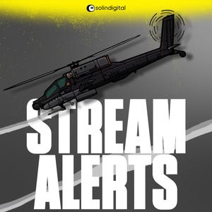 May include: Illustration of a black helicopter with a spinning rotor, set against a gray background with the words "STREAM ALERTS" in large white letters. A yellow splash is in the upper left corner.