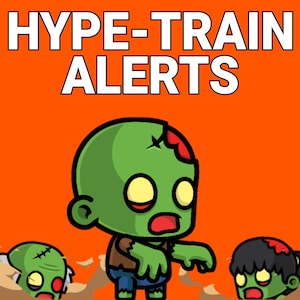 Może przedstawiać: Kreskówkowy obrazek z tekstem "HYPE-TRAIN ALERTS" w białych literach na pomarańczowym tle. Na obrazku widać trzech kreskówkowych zombie. Zombie w środku jest zielony z czerwoną plamą na czole i idzie w prawo. Zombie po lewej jest zielony z białym bandażem na czole i jest częściowo ukryty w ziemi. Zombie po prawej jest zielony z czarnymi włosami i jest częściowo ukryty w ziemi.