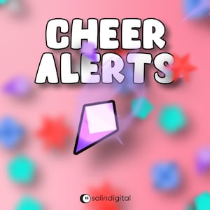 Puede incluir: Un fondo rosa con las palabras "CHEER ALERTS" en blanco con contorno negro. Una forma geométrica morada y blanca en el centro, con formas de estrellas y cuadrados de colores dispersos.
