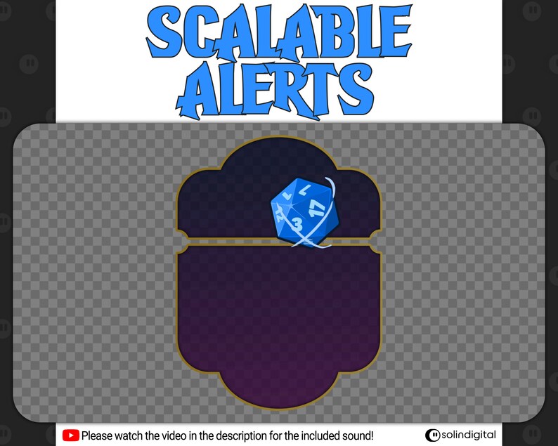 May include: A blue and gold decorative frame with a blue and white dice with the numbers 3 and 17 visible. The frame has a purple and black background. The text "SCALABLE ALERTS" is at the top of the image.