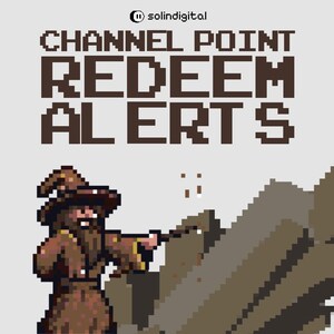 Op de afbeelding: Pixelafbeelding met de tekst "CHANNEL POINT REDEEM ALERTS". Een bruine gepixelde tovenaar met een staf staat voor een bruine gepixelde structuur. Het Solindigital-logo staat in de linkerbovenhoek.
