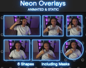 Puede incluir: Un collage de seis imágenes que muestran a una persona con una camisa blanca con diferentes superposiciones de neón. Las superposiciones son animadas y estáticas, e incluyen seis formas, incluidas máscaras. El texto "Neon Overlays" y "Animated & Static" está en la parte superior de la imagen. El texto "6 Shapes" y "Including Masks" está en la parte inferior de la imagen.