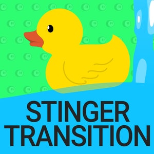 Può includere: Un'anatra di gomma gialla che galleggia in acqua blu con il testo "STINGER TRANSITION" sotto. Lo sfondo è un motivo verde di cerchi.