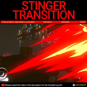 May include: A red and yellow stinger transition effect with the text "STINGER TRANSITION" in large white letters. The text below reads "4 Volume Options: High, Medium, Low & Silent", "4 Directions", "Lightweight", and "Full HD".