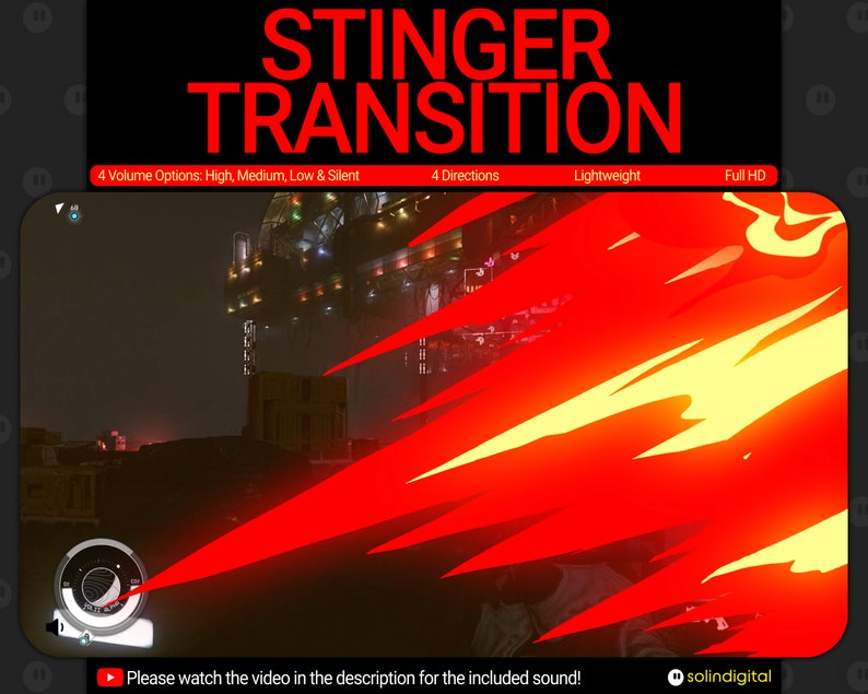 May include: A red and yellow stinger transition effect with the text "STINGER TRANSITION" in large white letters. The text below reads "4 Volume Options: High, Medium, Low & Silent", "4 Directions", "Lightweight", and "Full HD".