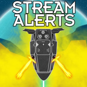 Könnte beinhalten: Ein futuristisches Raumschiff mit leuchtend orangefarbenen Triebwerken vor einem gelben und blauen Hintergrund. Der Text "STREAM ALERTS" ist in weißen Buchstaben dargestellt.