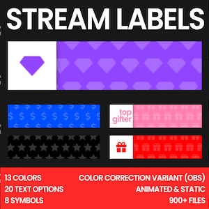 以下が含まれることがあります： Twitch または YouTube 用のアニメーションと静的ストリームラベルのセットのデジタルイラスト。ラベルには、ダイヤモンド、星、ギフトボックス、ドル記号など、さまざまな色、パターン、シンボルが使用されています。画像には「トップギフター」というテキストも含まれています。