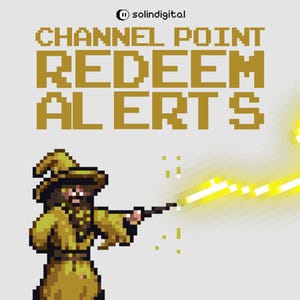 May include: Pixelated illustration featuring a wizard in a yellow robe and hat, holding a wand that emits a yellow lightning bolt. The text "CHANNEL POINT REDEEM ALERTS" is displayed in pixelated gold letters against a light gray background.