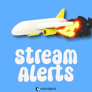 Könnte beinhalten: Ein weißes Flugzeug mit gelben Triebwerken und gelber Heckflosse, das orangefarbene und gelbe Flammen sowie schwarzen Rauch aus dem Triebwerk ausstößt. Unter dem Flugzeug steht der weiße Text stream Alerts, unten der kleine schwarze Text solindigital.