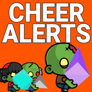 May include: Cheer Alerts text in white on an orange background. Three cartoon zombies are holding different colored geometric shapes. The zombie on the right is holding a purple diamond shape.
