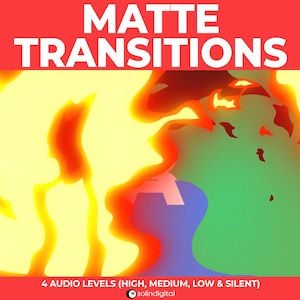 May include: A digital illustration of a yellow, orange, and red abstract shape with a green, blue, and purple background. The text "MATTE TRANSITIONS" is at the top of the image. The text "4 AUDIO LEVELS (HIGH, MEDIUM, LOW & SILENT)" is at the bottom of the image. The text "solindigital" is at the bottom right corner of the image.