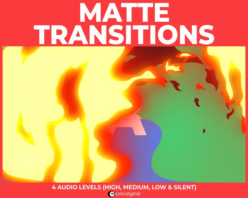 May include: A digital illustration of a yellow, orange, and red abstract shape with a green, blue, and purple background. The text "MATTE TRANSITIONS" is at the top of the image. The text "4 AUDIO LEVELS (HIGH, MEDIUM, LOW & SILENT)" is at the bottom of the image. The text "solindigital" is at the bottom right corner of the image.