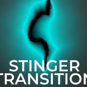Può includere: Grafica digitale con una combinazione di colori turchese e nero. Una linea nera e frastagliata corre verticalmente al centro, circondata da un'aura turchese brillante. Le parole "STINGER TRANSITION" sono scritte in bianco in grassetto in basso.