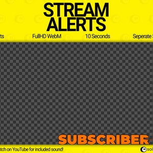 Puede incluir: Un gr&aacute;fico amarillo y negro con el texto "STREAM ALERTS" en letras negras grandes. El gr&aacute;fico tambi&eacute;n incluye el texto "13 Alerts", "FullHD WebM", "10 Seconds" y "Seperate Sound". El gr&aacute;fico tiene un fondo a cuadros y el texto "SUBSCRIBER" en letras naranjas en la parte inferior.