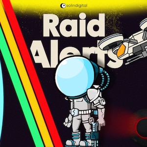 May include: Illustration featuring an astronaut in a spacesuit with a large bubble helmet, a futuristic spacecraft, and the words "Raid Alerts." The background includes a rainbow of vertical stripes and a dark space scene.