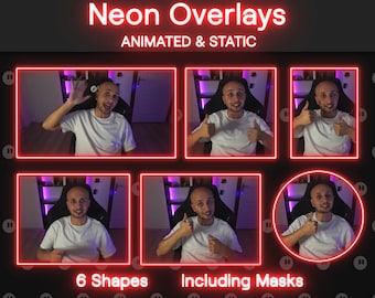 Puede incluir: Un collage de seis imágenes que muestran a una persona en una silla con diferentes superposiciones de neón. Las superposiciones son animadas y estáticas, e incluyen seis formas. El texto "Neon Overlays" y "Animated & Static" está en la parte superior de la imagen. El texto "6 Shapes" y "Including Masks" está en la parte inferior de la imagen.