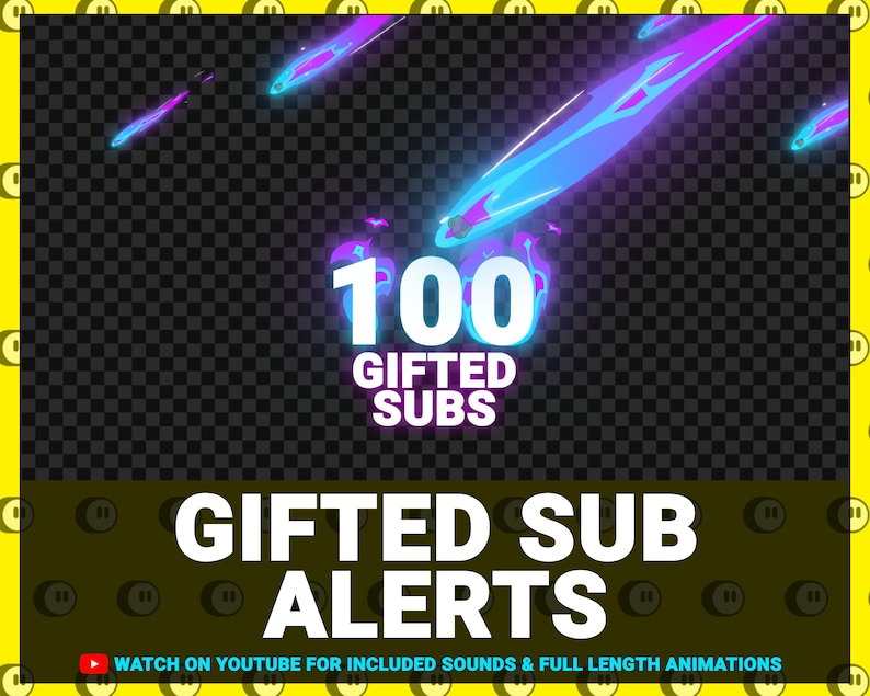Pu&ograve; includere: Una grafica con una cometa animata blu e viola che attraversa uno sfondo nero. Il testo "100 GIFTED SUBS" &egrave; in bianco con un bagliore viola. Sotto il testo c'&egrave; la frase "GIFTED SUB ALERTS" in bianco. Il testo "WATCH ON YOUTUBE FOR INCLUDED SOUNDS & FULL LENGTH ANIMATIONS" &egrave; in fondo alla grafica.