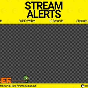 Puede incluir: Un fondo amarillo con texto negro que dice "STREAM ALERTS" y "13 Alerts", "FullHD WebM", "10 Seconds", y "Seperate Sound". Un fondo a cuadros blanco y negro con un personaje de zombie verde sosteniendo un palo con la palabra "UBER" en &eacute;l. El texto "Watch on YouTube for included sound!" est&aacute; debajo del personaje de zombie. El texto "@solindigital" est&aacute; en la esquina inferior derecha.