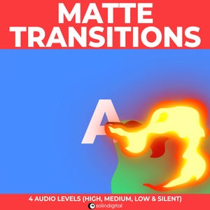 May include: A digital animation of a white letter A being engulfed by a bright orange flame. The text "MATTE TRANSITIONS" appears in white letters on a red background. The text "4 AUDIO LEVELS (HIGH, MEDIUM, LOW & SILENT)" appears in white letters on a red background. The text "solindigital" appears in white letters on a black background.