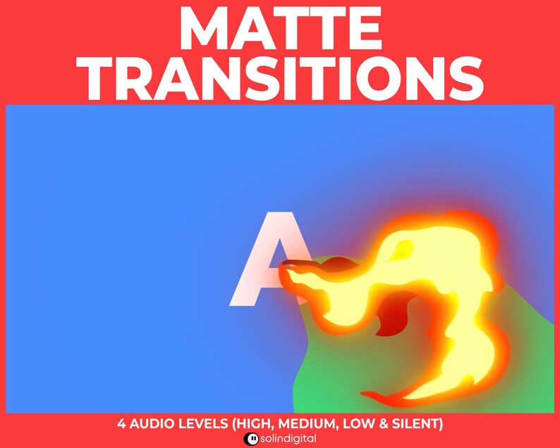 May include: A digital animation of a white letter A being engulfed by a bright orange flame. The text "MATTE TRANSITIONS" appears in white letters on a red background. The text "4 AUDIO LEVELS (HIGH, MEDIUM, LOW & SILENT)" appears in white letters on a red background. The text "solindigital" appears in white letters on a black background.