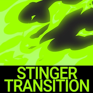 May include: A green and black abstract design with the text "STINGER TRANSITION" in white.
