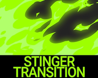 May include: A green and black abstract design with the text "STINGER TRANSITION" in white.