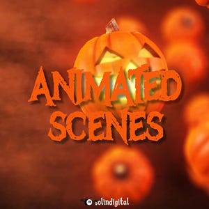Op de afbeelding: Een oranje pompoen met uitgesneden ogen en mond, met de woorden "ANIMATED SCENES" in oranje tekst. De achtergrond is een wazig oranje met andere pompoenen. De afbeelding heeft een Halloween-thema.