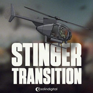 Könnte beinhalten: Eine Illustration eines grauen Hubschraubers mit Pilot vor verschwommenem Hintergrund. Der Text "STINGER TRANSITION" ist in großen weißen Buchstaben dargestellt. Das Logo "solindigital" befindet sich unten.