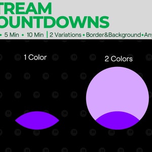 Puede incluir: Dos variaciones de un temporizador de cuenta atr&aacute;s morado para transmisiones en directo. La primera variaci&oacute;n es una sola forma morada, la segunda variaci&oacute;n es un c&iacute;rculo con un semic&iacute;rculo morado en la parte inferior.
