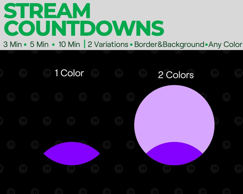 Puede incluir: Dos variaciones de un temporizador de cuenta atr&aacute;s morado para transmisiones en directo. La primera variaci&oacute;n es una sola forma morada, la segunda variaci&oacute;n es un c&iacute;rculo con un semic&iacute;rculo morado en la parte inferior.