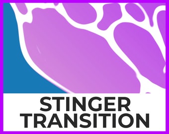 May include: A purple and white abstract design with a blue background. The text "STINGER TRANSITION" is below the design.