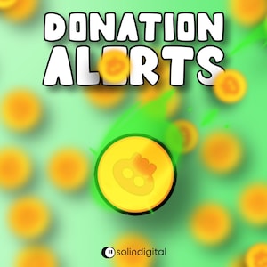 Op de afbeelding: Een afbeelding met de woorden "DONATION ALERTS" in een vetgedrukte, omlijnde lettertype. De afbeelding toont cartoonmunten met een groene streep, tegen een lichtgroene achtergrond. Het logo van "solindigital" staat linksonder.