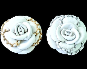 White Camellia Brooch, Flower Brooch, Leather Camellia, Luxury Brooch, Camellia Brooch, Leather Camellia Brooch with Chain, Handmade