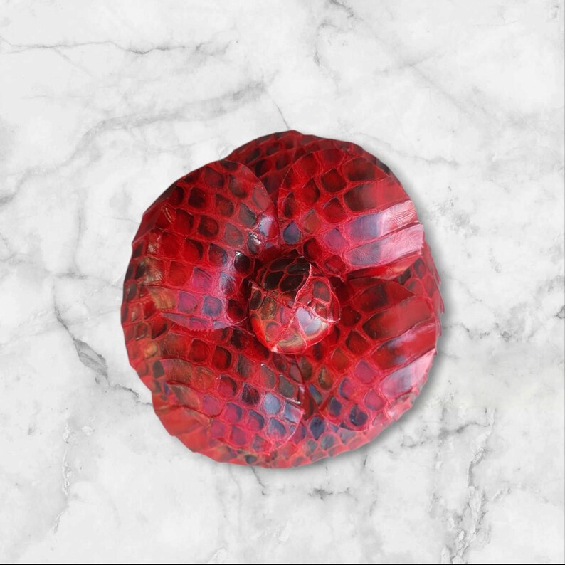 May include: A red and black floral brooch with a textured, snake-skin like pattern.