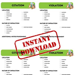 Chores - Cleanup - Messy Citation Violation - Instant Printable Download