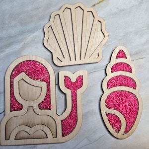 Sensorische Holzfüllformen Meerjungfrau und Muscheln, Holzfüllform für Spielreis, Nudeln oder Kichererbsen Bild 1
