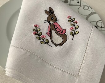 Broderade påskhare-linneservetter, påskmiddagsservetter, påskkrans, broderad kanin, påskhare-linneservetter