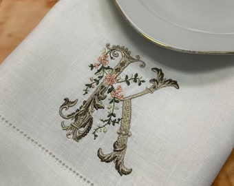 Floral Letter Embroidered Mother's Day Gift Linen White Napkins, Embroidered Napkins, Personalized Napkins, Monogrammed Napkins