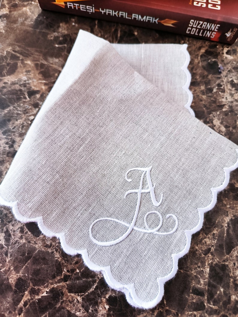 For Your Happy Tears Hankie, Scallop Handkerchief, Bridal Hankie, 11x11'' Size With Embroidery, Personal Logo Embroidered Linen Handkies image 5