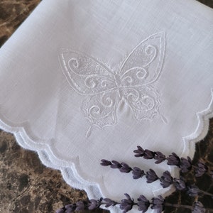 Butterfly Logo Embroidered Linen HandkiesCustom Hankie,Embroidered Luxury Linen Handkercief,For your happy tears hankie Scallop handkerchief