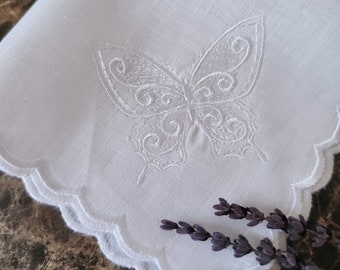 Butterfly Logo Embroidered Linen HandkiesCustom Hankie,Embroidered Luxury Linen Handkercief,For your happy tears hankie Scallop handkerchief