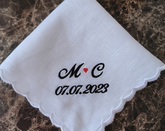 Bridal Handkerchief,Personalized gift, Embroidery Custom Pocket Square With Scallop Edges,Wedding handkerchief 12x12''Size,White Hankerchief