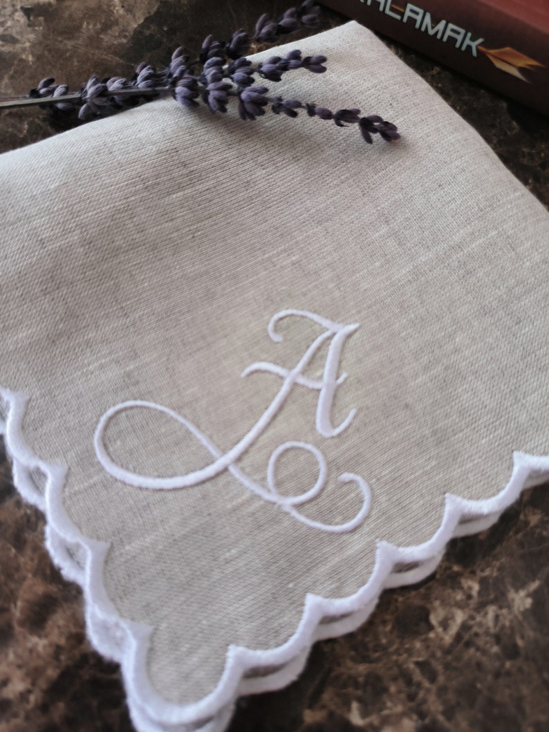 For Your Happy Tears Hankie, Scallop Handkerchief, Bridal Hankie, 11x11'' Size With Embroidery, Personal Logo Embroidered Linen Handkies image 3