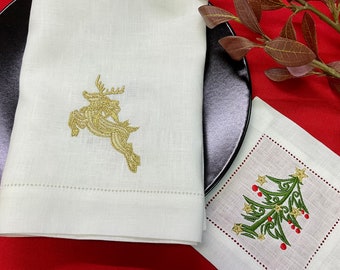 Festive Linen Cocktail Napkins with Embroidered Christmas Trees Get Yours Now!