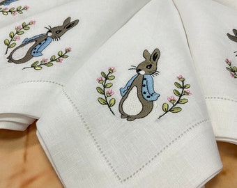 Broderade påskhare-linneservetter, påskmiddagsservetter, påskkrans, broderad kanin, påskhare-linneservetter