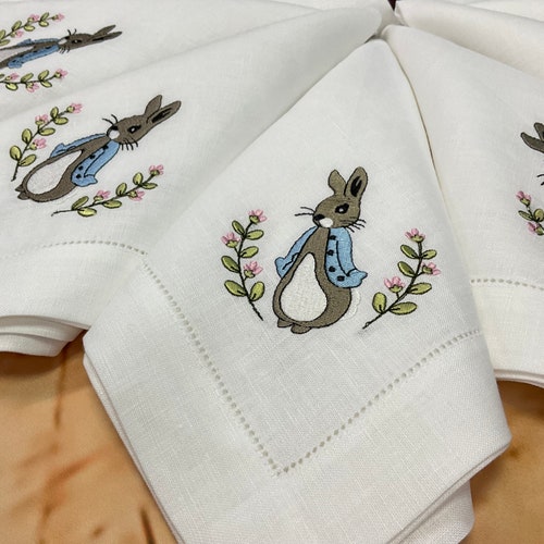 Embroidered Easter Bunny Linen Table Napkins Easter Dinner Etsy