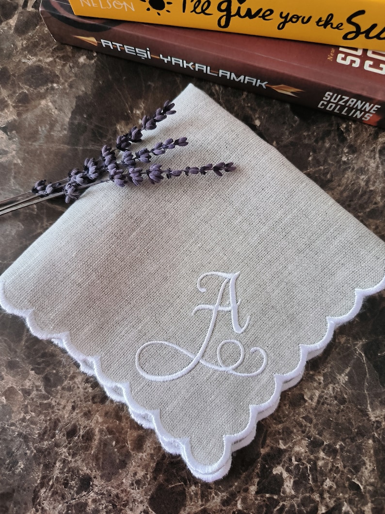 For Your Happy Tears Hankie, Scallop Handkerchief, Bridal Hankie, 11x11'' Size With Embroidery, Personal Logo Embroidered Linen Handkies image 1